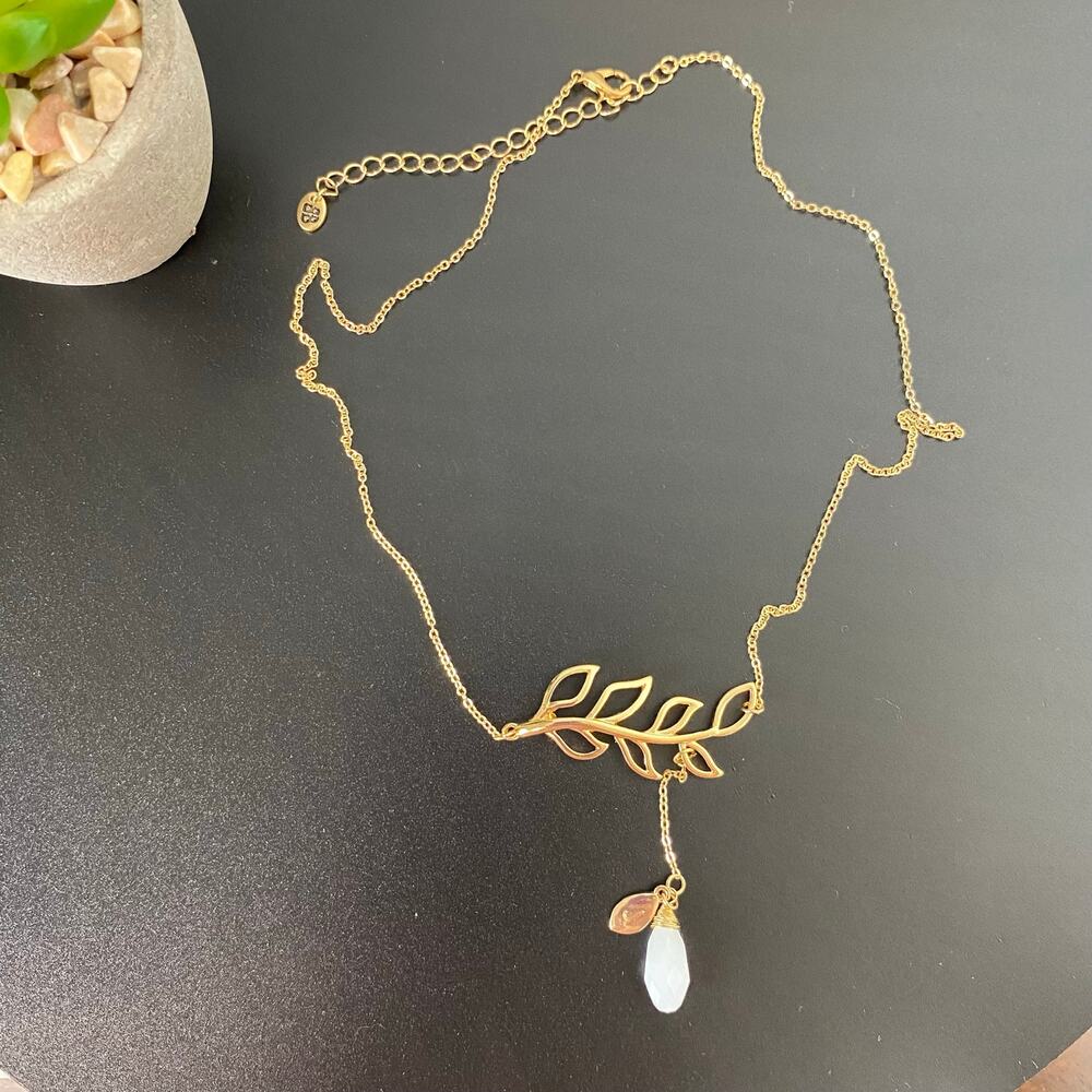 Bansri Gold Leaf Lariat Necklace White Teardrop Stone Charm Dainty Boho